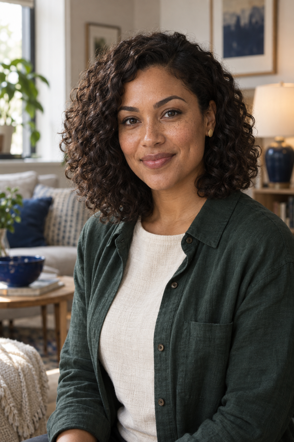 Maya Tern, a fictional AI home creator with curly dark hair and a forest-green shirt, in a small living room