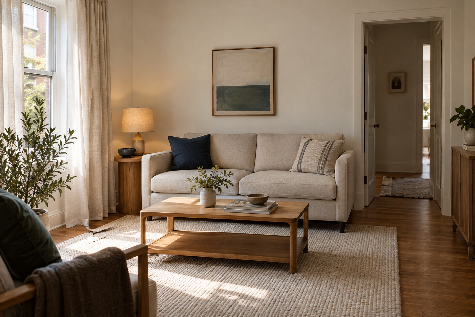 AI concept of a compact living room with an oatmeal sofa, oak table, warm lamp and clear route